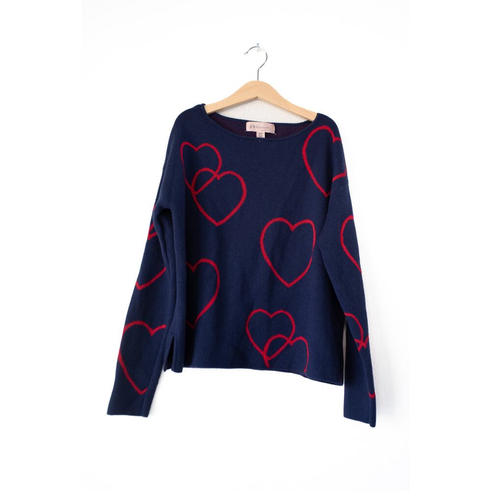 Philosophy navy blue pullover sweater with red hearts, xs